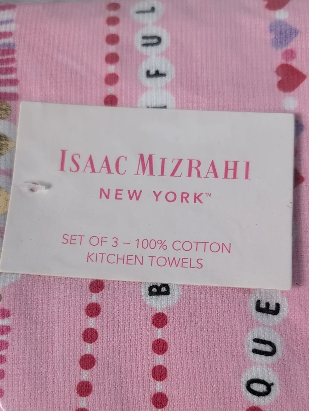Isaac Mizrahi Set of 3 Pink & White Friendship Bracelet Valentine Kitchen Towels